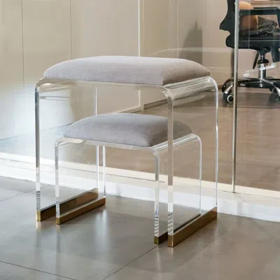 Homary Velvet Upholstered And Acrylic Frame Makeup Vanity Stool Gray And Clear Ottoman