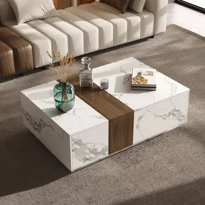 Homary Vewal Wood Block Coffee Table Marble & Walnut Veneer In White With 2 Drawers