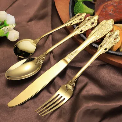 Homary Vintage Gold Engraved Cutlery Set Service For 12 Stainless Steel Flatware 48pc Set