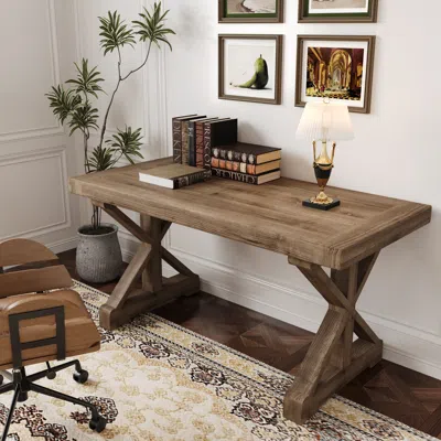 Homary Vintage Style Pine Wood Office Writing Desk With Trestle Leg In Natural Farmhouse Home Office Furnit In Brown
