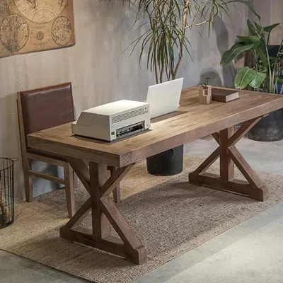 Homary Vintage Style Pine Wood Office Writing Desk With Trestle Leg In Natural Farmhouse Home Office Furnit In Brown