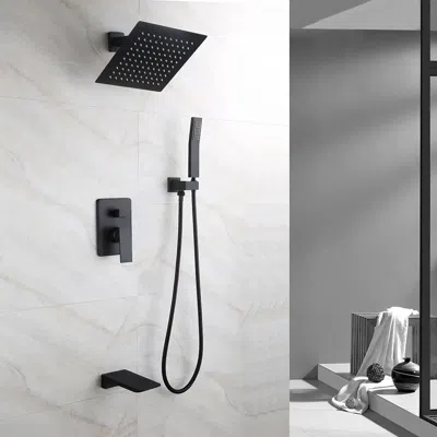 Homary Wall Mount 10" Rainshower Hand Shower & Tub Spout Shower System In Matte Black