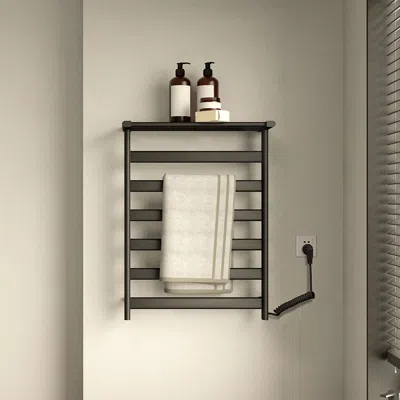 Homary Wall Mounted Electric Towel Warmer Heated Towel Rack With Top Shelf In Black Stainless Steel