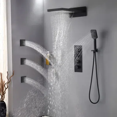 Homary Wall Mounted Waterfall Rain Shower System With 3 Body Sprays In Matte Black Solid Brass
