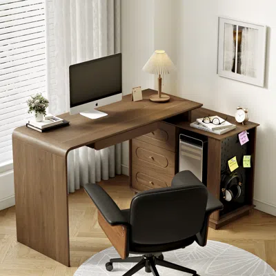 Homary Walnut L-shaped Corner Computer Desk, Multifunctional Rotating Workstation With Adjustable Storage S In Brown