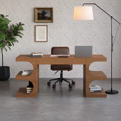 Homary Walnut Office Writing Desk  Desk With Drawer & Shelves Modern Office Furniture (64.2") In Brown