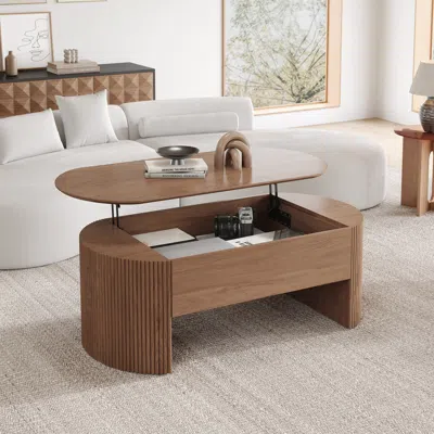 Homary Walnut Oval Lift Top Mid-century Modern Coffee Table In Brown