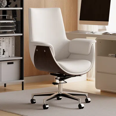 Homary Warm White Leather Modern Home Office Chair Upholstered High Back Desk Chair Wood Grain Frame