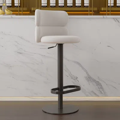 Homary Warm White Velvet Swivel Upholstery Bar Stool With Backrest & Adjustable Black Base Counter Stool