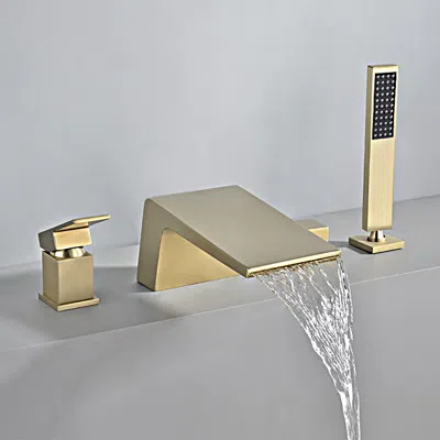 Homary Waterfall Deck-mount Roman Tub Faucet With Handshower In Brushed Gold