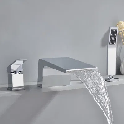 Homary Waterfall Deck-mount Roman Tub Faucet With Handshower In Chrome In Gray