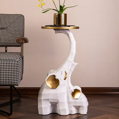 Homary White & Gold End Table With Tray Top Decor Elephant Shape Side Table