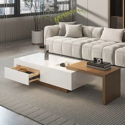 Homary White & Walnut Extendable Rectangle Coffee Table With Drawer & Sliding Storage In Multi