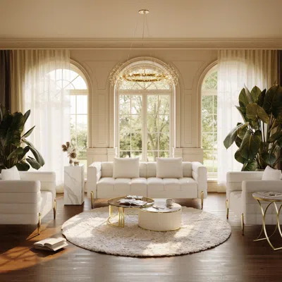 Homary White Boucle Accent Chair Modern Modular Arm Chair 78.7" Modern White Boucle Upholstered Fluted 3 S