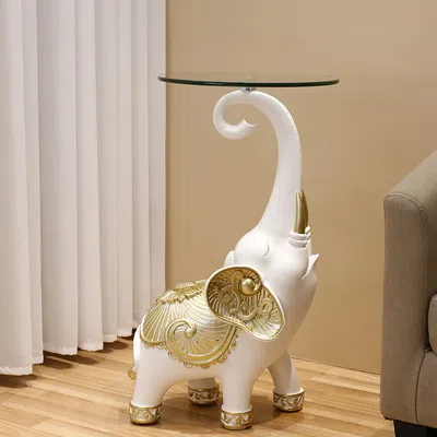 Homary White Elephant Side Table In Gold Finish Modern End Table With Clear Glass Tray Top