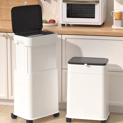 Homary White Liftable Kitchen Trash Can Rolling Garbage Bin With Cover