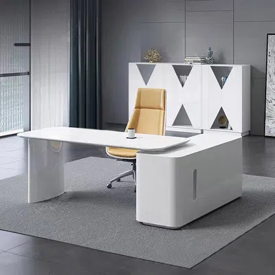 Homary White L-shape Executive Desk Large Home Office Desk Storage Drawers & Cabinet Left Hand