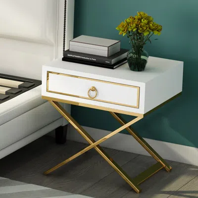 Homary White Nightstand With Drawer Bedside Table With X-shaped Stainless Steel Base