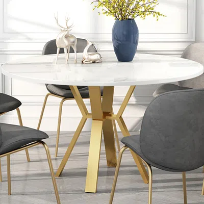 Homary White Round Faux Marble Dining Table Modern Table For Dining With Metal Base In Gold In Gray