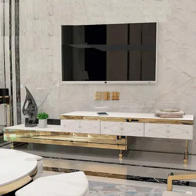 Homary White Tv Stand Tempered Glass Top Extendable Entertainment 3-drawer Cabinet In Gold