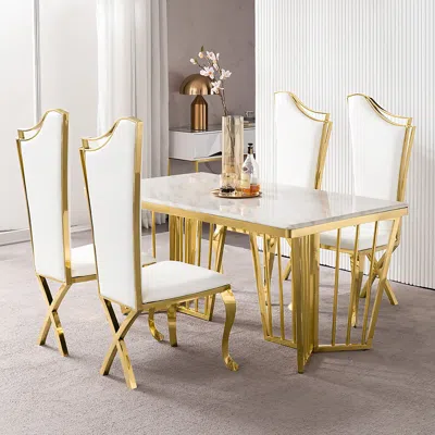 Homary White Upholstered Dining Chairs 4-pieces Stainless Steel Side Chair With Gold Legs