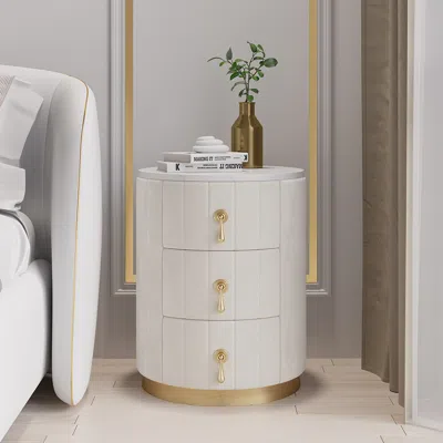 Homary White Velvet Nightstand Set Of 2 With Storage Round Nightstand With 3 Drawers Stone Top
