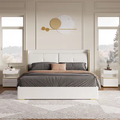 Homary White Wingback King Bed With Faux Leather Upholstered Foam Padding Headboard & Nightstands Se