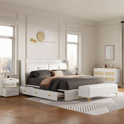 Homary White Wingback King Storage Bed With Faux Leather Upholstered Foam Padding Headboard & Wood S
