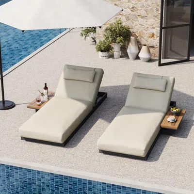 Homary Wood & Aluminum Outdoor Lounger Daybed Modern Yard & Patio Furniture In Beige Cushion & Pillow Inclu In White