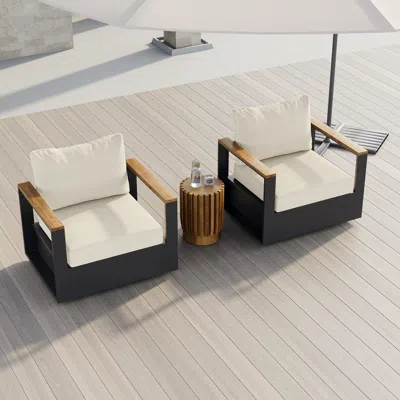 Homary Wood & Aluminum Outdoor Swivel Chair Modern Yard & Patio Furniture In Beige Cushion Included Set Of  In Black