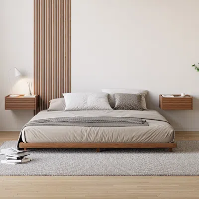 Homary Wooden Floating Nightstand Modern Bedside Table With Charging Station Japanese Style King Low Bed Fr In Gray