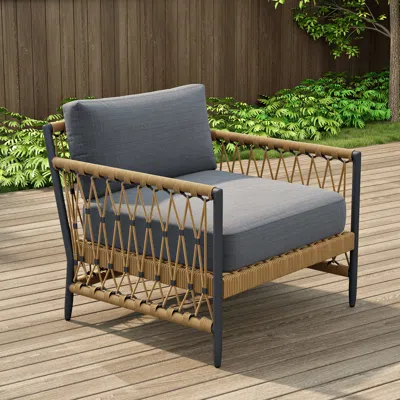 Homary Woven Rope Outdoor Armchair Accent Chair Boho Yard & Patio Furniture In Dark Gray Cushion & Pillow I