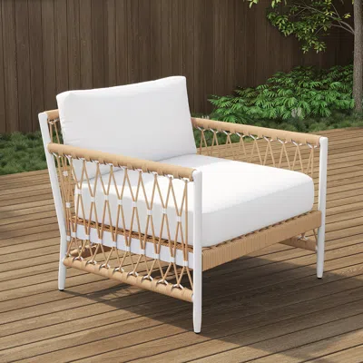 Homary Woven Rope Outdoor Armchair Accent Chair Boho Yard & Patio Furniture In White Cushion & Pillow Inclu