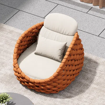 Homary Woven Rope Outdoor Chair Waterproof Yard & Patio Armchair In Orange With Cushion In Brown