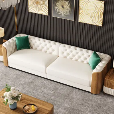 Homary Wovent 111" Faux Leather Tufted 3 Seater Sofa Living Room In White