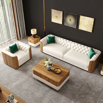 Homary Wovent 111" Modern Faux Leather Tufted Sofa Living Room Set Of 2 In White