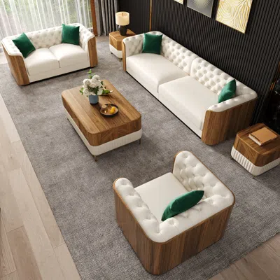 Homary Wovent Modern Beige Faux Leather Tufted Sofa & Loveseat Living Room Set Of 3 In Brown