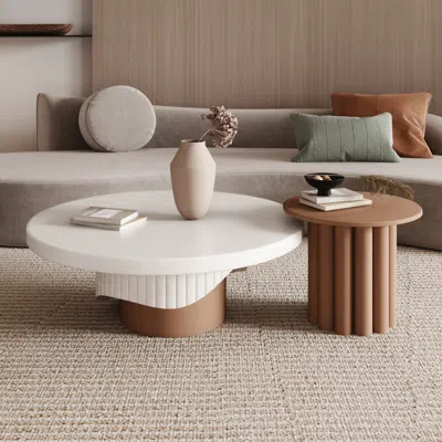 Homary Yarnic 2-piece Round Wood Coffee Table Set With Fluted Base In White & Walnut In Brown