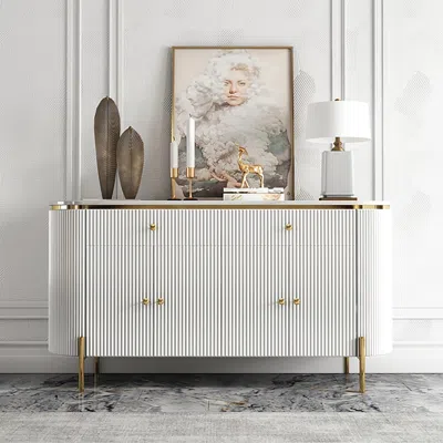 Homary Yelly 55.1" Modern Marble Top Buffet & Sideboard Doors & Drawers & Shelves In White