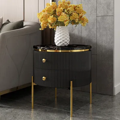 Homary Yelly Modern Round End Table With Storage Black Faux Marble Side Table Gold Legs
