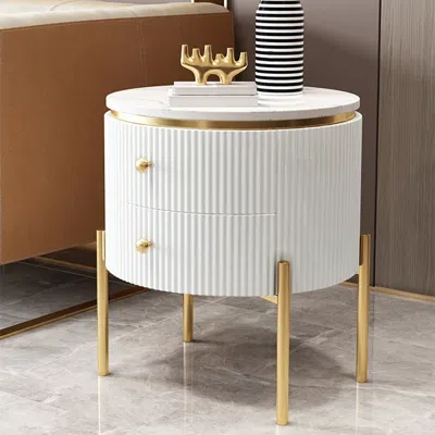 Homary Yelly Modern Round End Table With Storage Drawers White Faux Marble Side Table Gold Legs