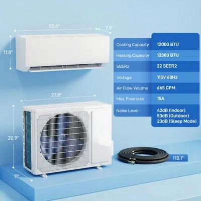 Homcom 12000 Btu Mini Split Ac/heating System Seer2 22 Inverter Heat Pump, 115v, Works With Alexa, Energy E