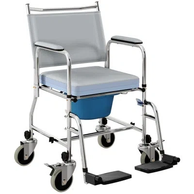 Homcom 3 In 1 Shower Commode Wheelchair With 4 Lockable Wheels, Bedside Commode Chair With Arms, Footrests, In Blue