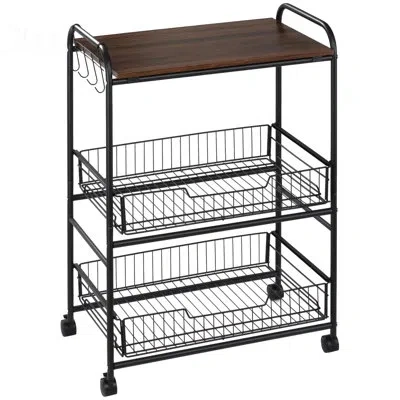 Homcom 3-tier Rolling Kitchen Cart, Utility Storage Trolley With 2 Basket Drawers, Side Hooks For Dining Ro In Walnut