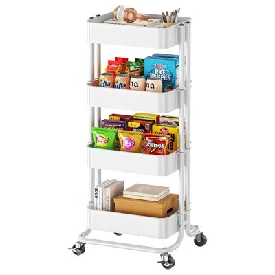 Homcom 4 Tier Metal Rolling Utility Cart With Lockable Wheels, Multi-functional Mobile Storage Shelf Organi In White