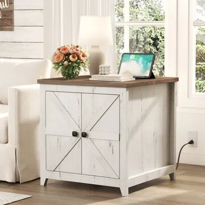 Homcom Farmhouse End Table With Charging Station And Usb Ports, 24" Large Tabletop Side Table With Double B In White