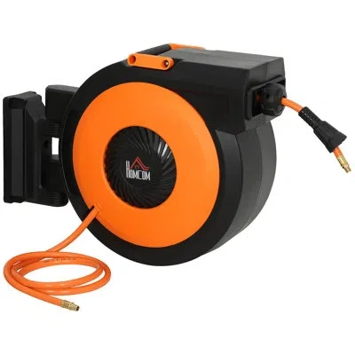 Homcom Retractable Air Hose Reel, Wall Mounted Air Compressor Hose Reel With Swivel Bracket, Auto Rewind, L In Black And Orange
