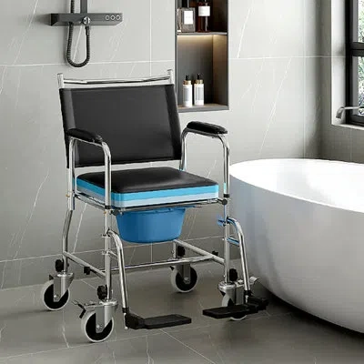 Homcom Rolling Shower Wheelchair, Bedside Commode Toilet Chair For Seniors In Black