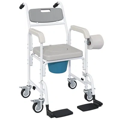 Homcom Shower Chair With Wheels 4 In 1, Bedside Commode Wheelchair With Seat, Backrest, Arms, Shower Commod