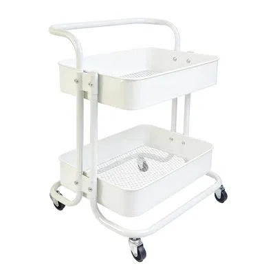 Homcom Two-tier Metal Mobile Under-desk Cart – Small Multifunctional Storage Rack With Wheels And Handle In White